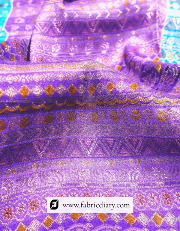 Purple Dola Silk Jacquard Printed Fabric for Designer Ethnicwear
