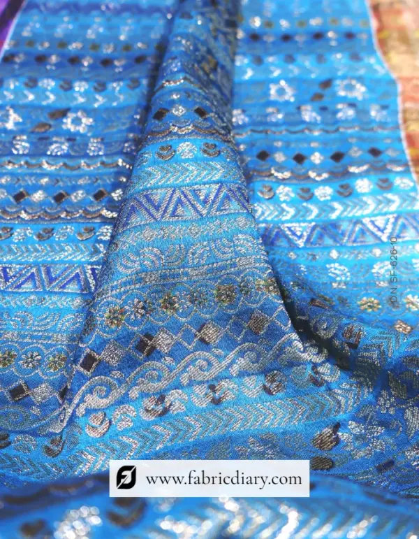 Blue Dola Silk Jacquard Printed Fabric