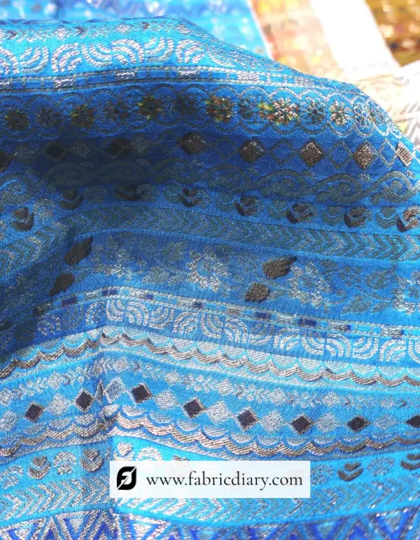 Blue Dola Silk Jacquard Printed Fabric for Stylish Coats, Anarkali & Home Interiors
