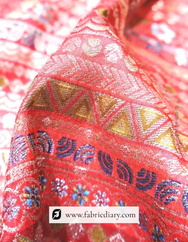 Red Dola Silk Jacquard Printed Fabric for Bridal Sherwani & Decorative Curtains