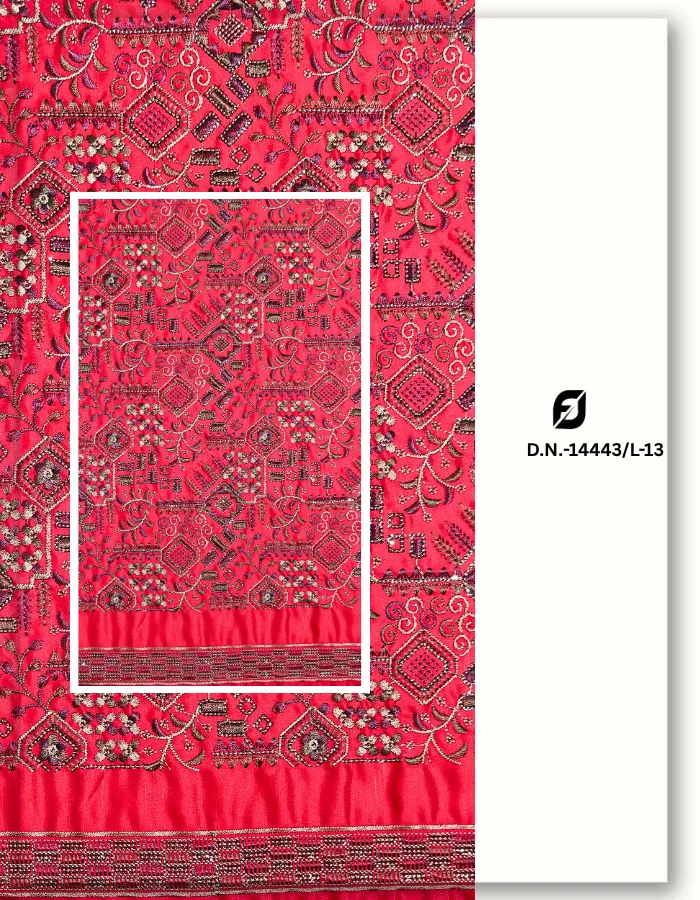 Red Linen Satin Embroidered Sherwani Fabric for Men's Sherwani