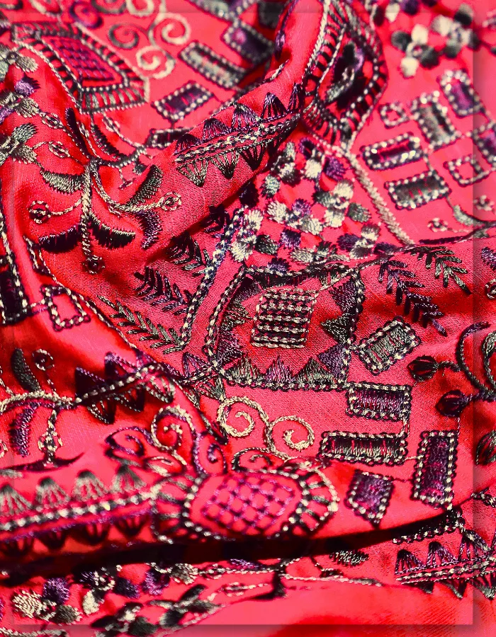 Red Linen Satin Embroidered Fabric for Sherwani