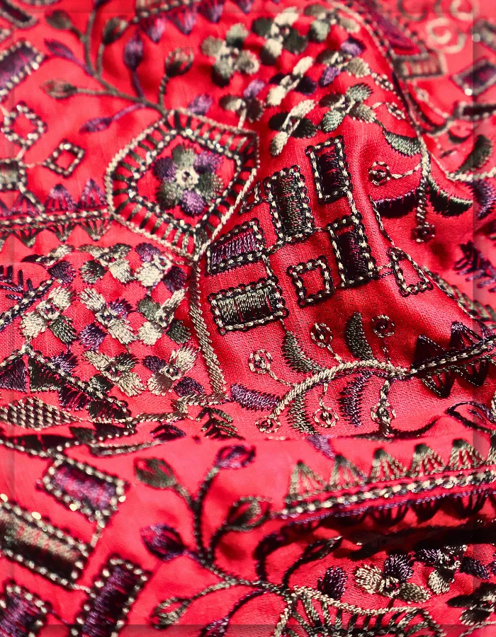 Red Linen Satin Embroidered Fabric for Bridal Sherwani