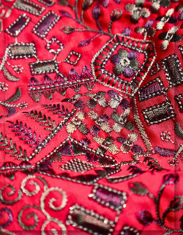 Red Linen Satin Embroidered Fabric for Latest Sherwani