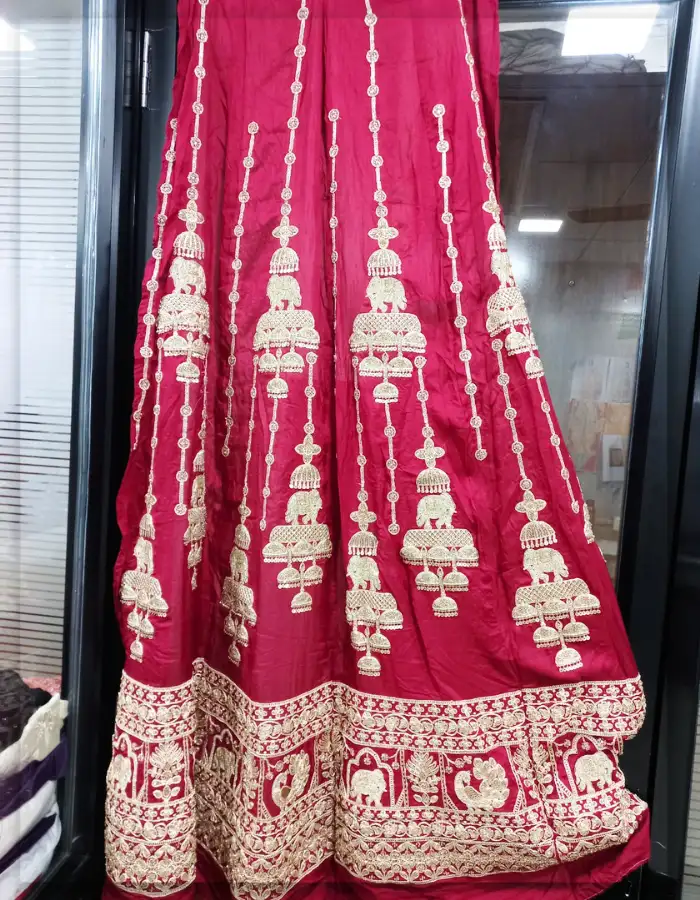 Red Raw Silk Gold Beaded Kali Fabric for Bridal Lehenga garment