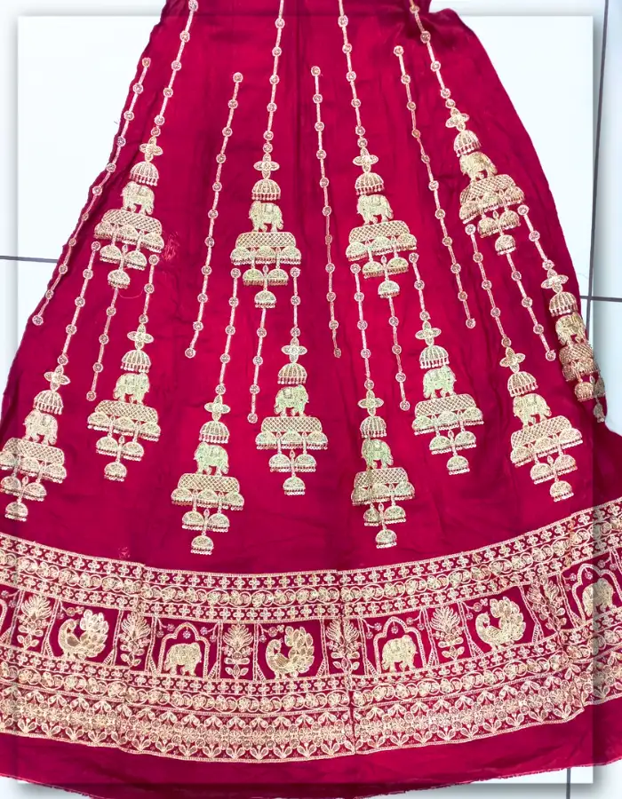 Red Raw Silk Gold Beaded Kali Fabric for Bridal Lehenga Outfit