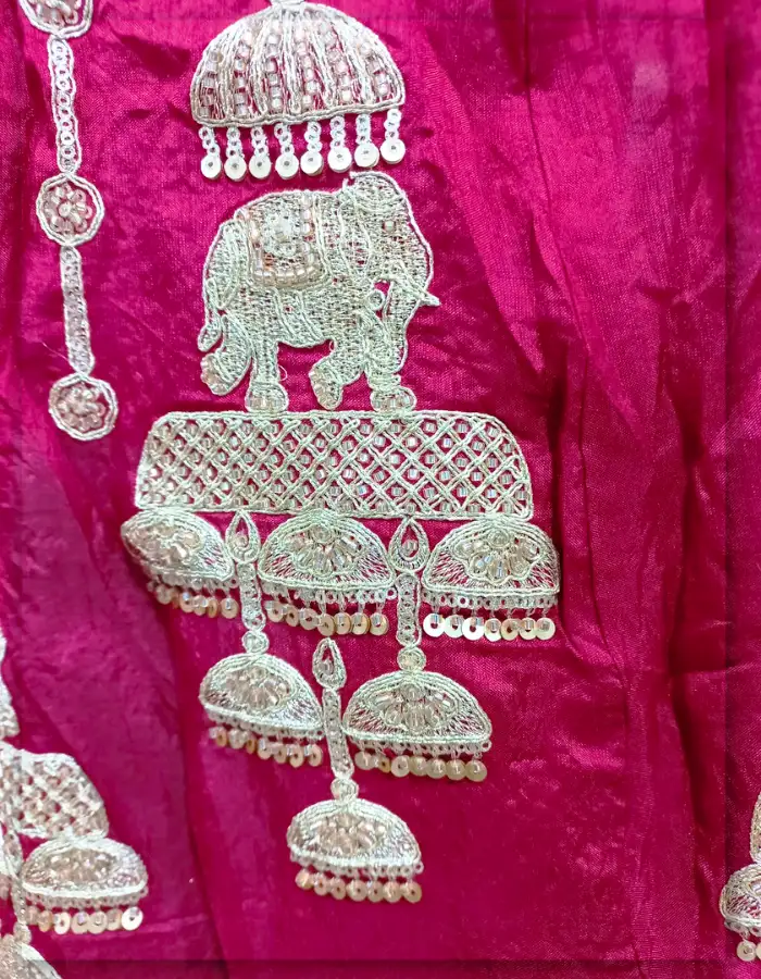 Red Raw Silk Gold Beaded Kali Fabric for Bridal Lehenga Asia