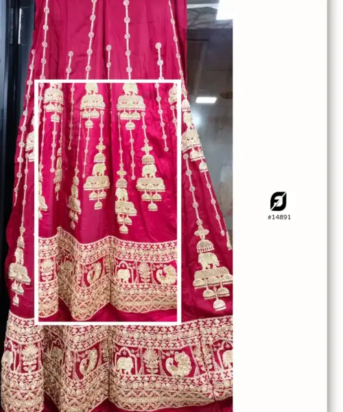 Red Raw Silk Gold Beaded Kali Fabric for Bridal Lehenga