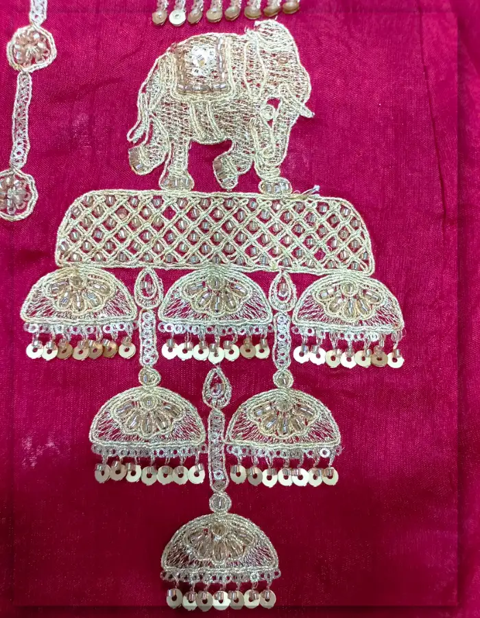 Red Raw Silk Gold Beaded Kali Fabric for Bridal Lehenga Gujarat