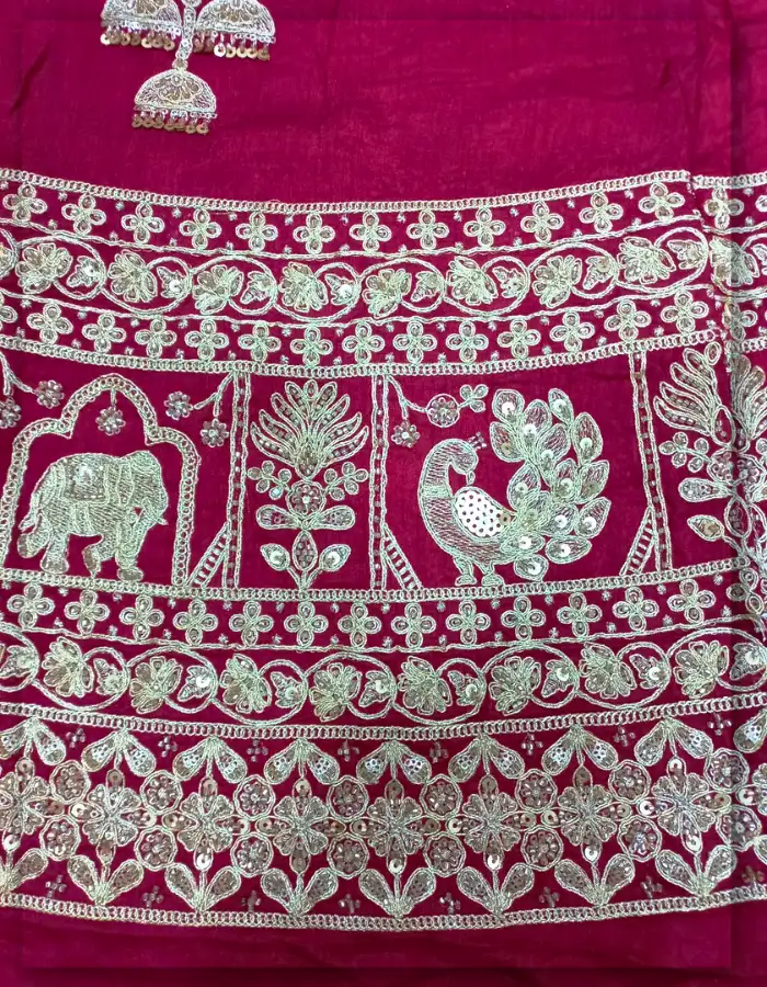 Red Raw Silk Gold Beaded Kali Fabric for Bridal Lehenga India