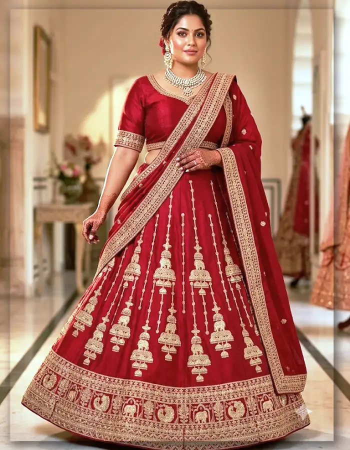 Red Raw Silk Gold Beaded Kali Fabric for Lehenga Dress