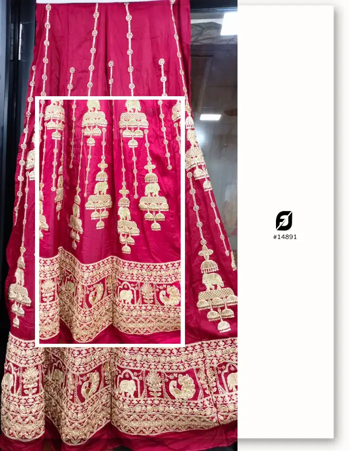 Red Raw Silk Gold Beaded Kali Fabric for Bridal Lehenga