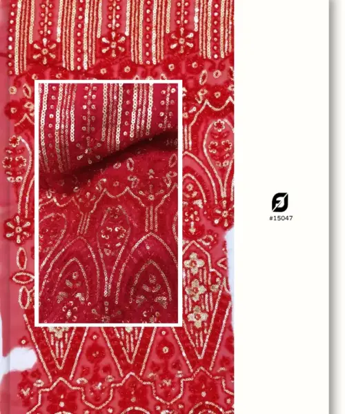 Red Beaded Georgette Fabric with Gold Sequin Work