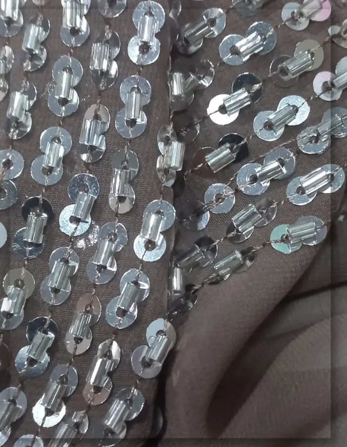 Silver Sequin & Glass Pipe Bead Embroidered Georgette Fabric Asia
