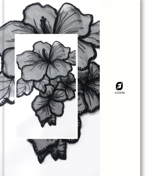 Premium Black Hibiscus Beaded Embroidered Applique