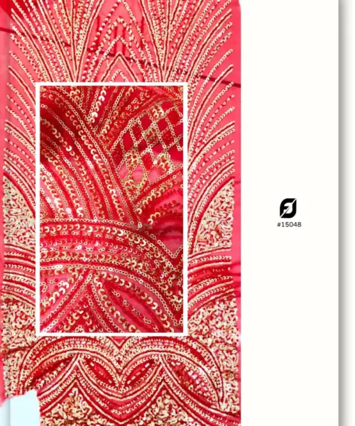 Red Beaded Bridal Embroidered Fabric
